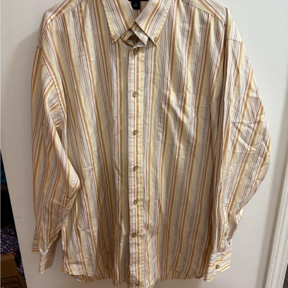 Tommy Hilfiger Mens Large Striped Button Down Shirt 80s 2-Ply Fabric Yellow Tan